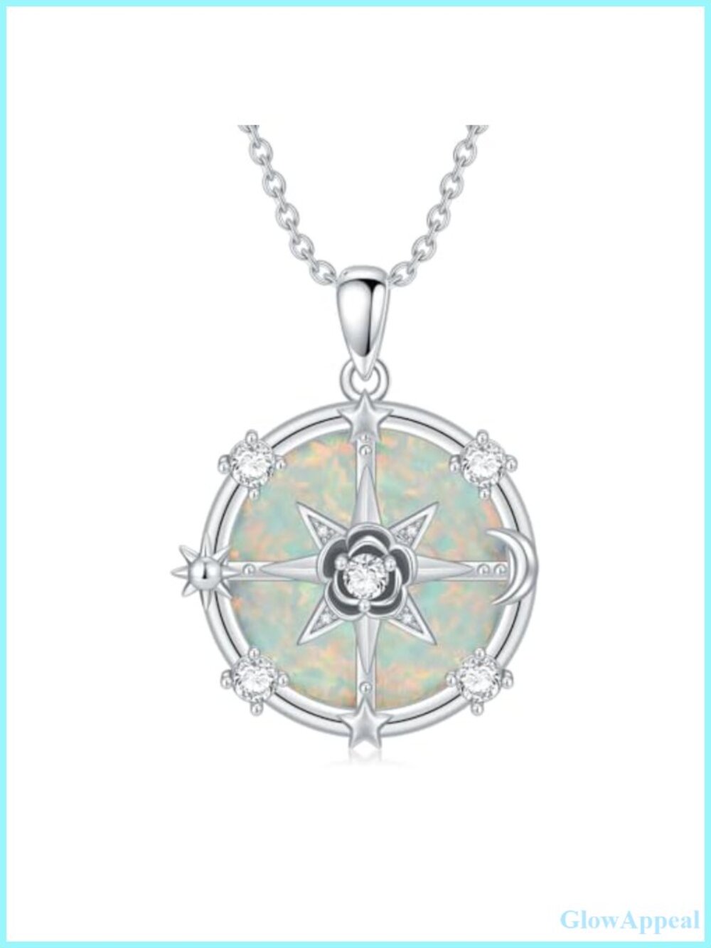 925 Sterling Silver Opal Compass Necklace Rose Flower Sun Moon Star Pendant